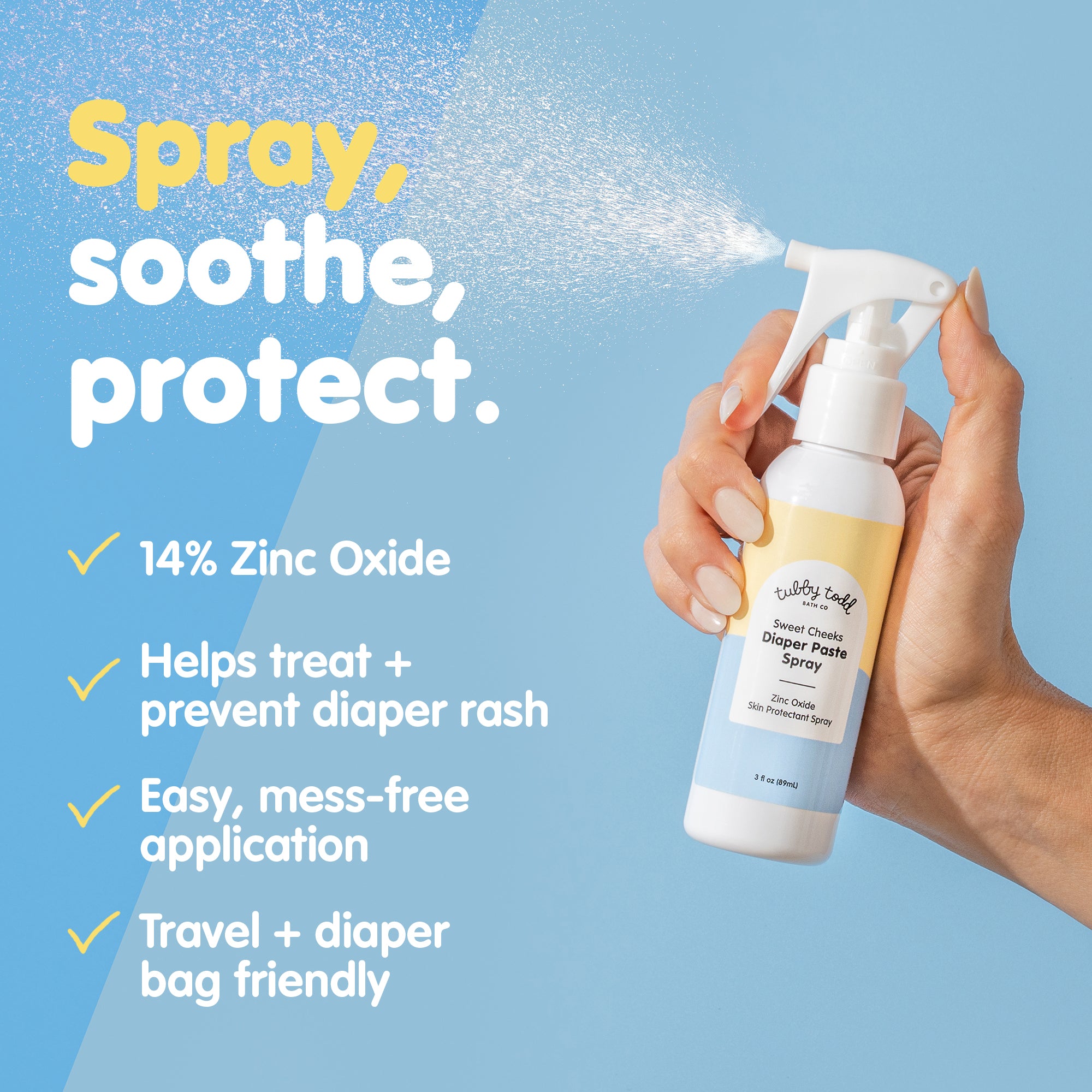 Hand holding the diaper paste spray on the blue background, and an infographic was added to the background.